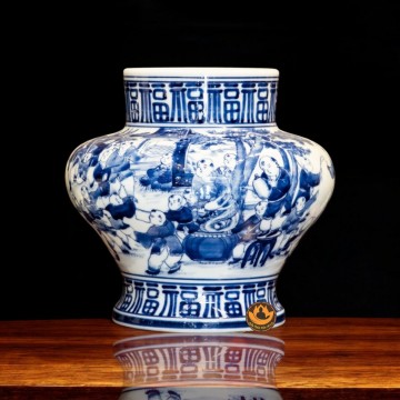 Bình Gốm Sứ Phong Thủy Men Lam Vẽ Bách Nhi Bách Lão – Mang Lại Trường Thọ & Hưng Vượng